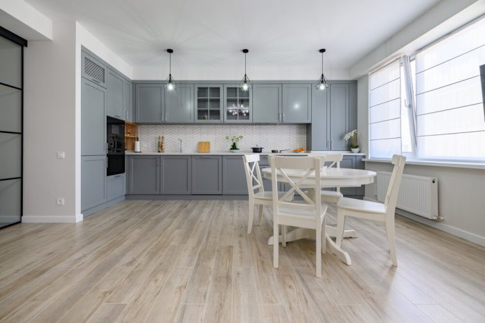 Laminate Flooring. Trendy Grey And White Modern Kitchen With new Laminate Flooring.