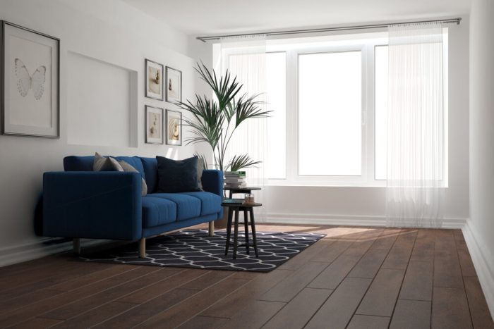 Laminate Flooring. Modern,Room,With,Sofa,pillows,plant,carpet,pictures,book,And,Curtains,Interior,Design.,3d,Illustration