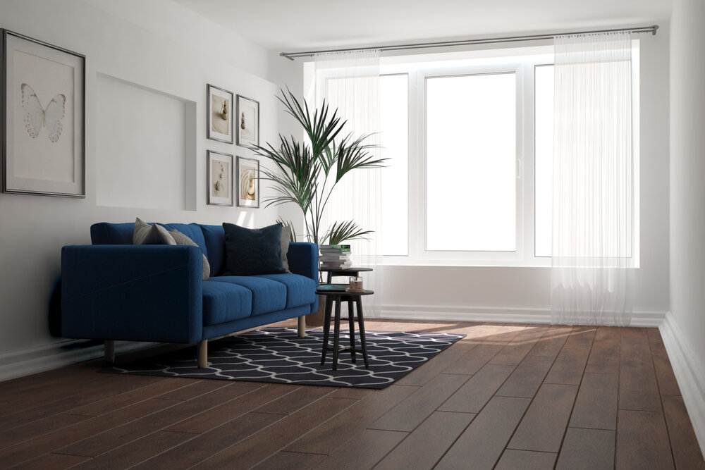 Laminate Flooring. Modern,Room,With,Sofa,pillows,plant,carpet,pictures,book,And,Curtains,Interior,Design.,3d,Illustration