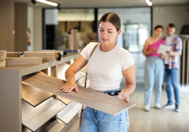 Laminate Flooring in Ottawa. Young woman buyer chooses sample of laminate flooring in hardware store.