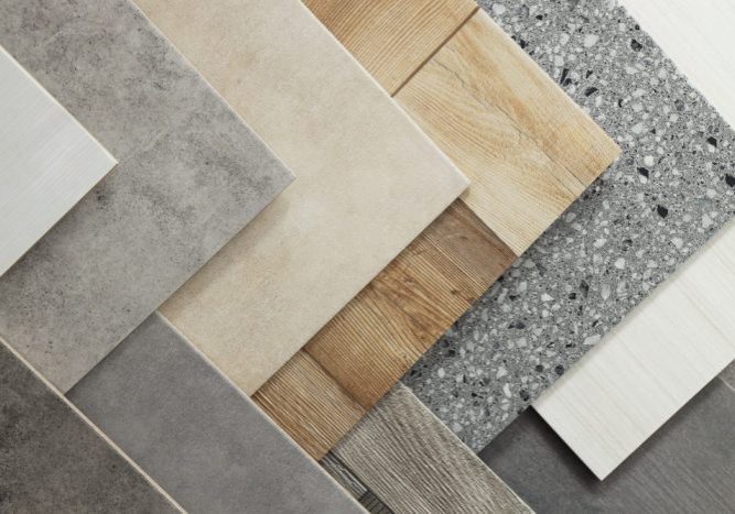 Flooring Solutions. Many different samples of tiles as background, top view.